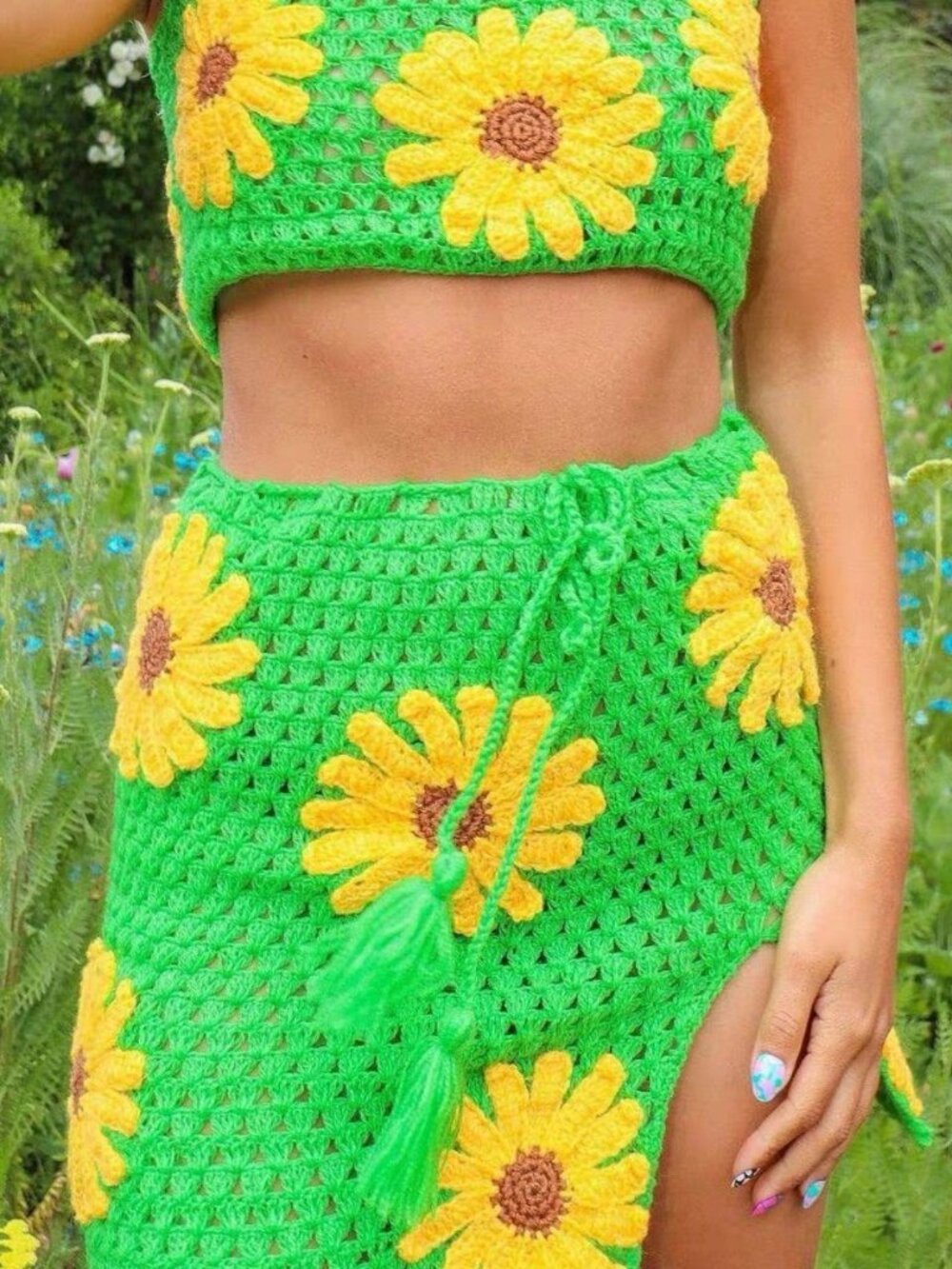 Green Crochet Daisy Two-Piece Set - One Size